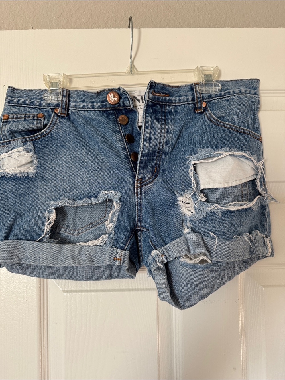 One Teaspoon Distressed Mid-Blue Button-Fly Denim Shorts